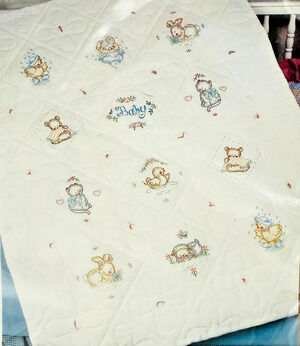 Bucilla Stamped Cross Stitch Baby Animals Quilt Top Fabric 64995 NIP 32" x 42"